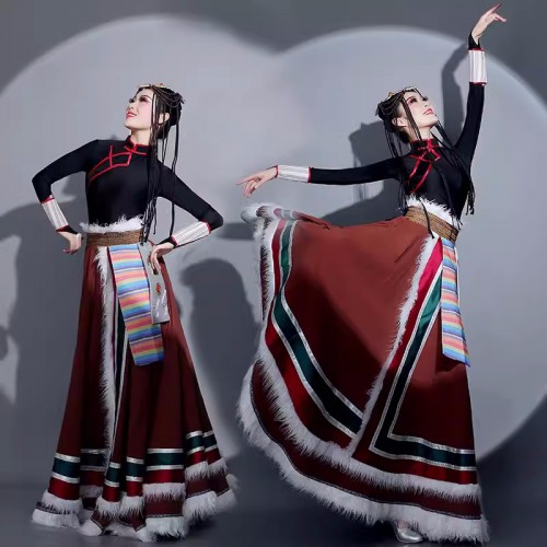 Chinese folk Tibetan dance costumes Female adults Ethnic minority style stage Mongolian dance art test big swing skirts for women